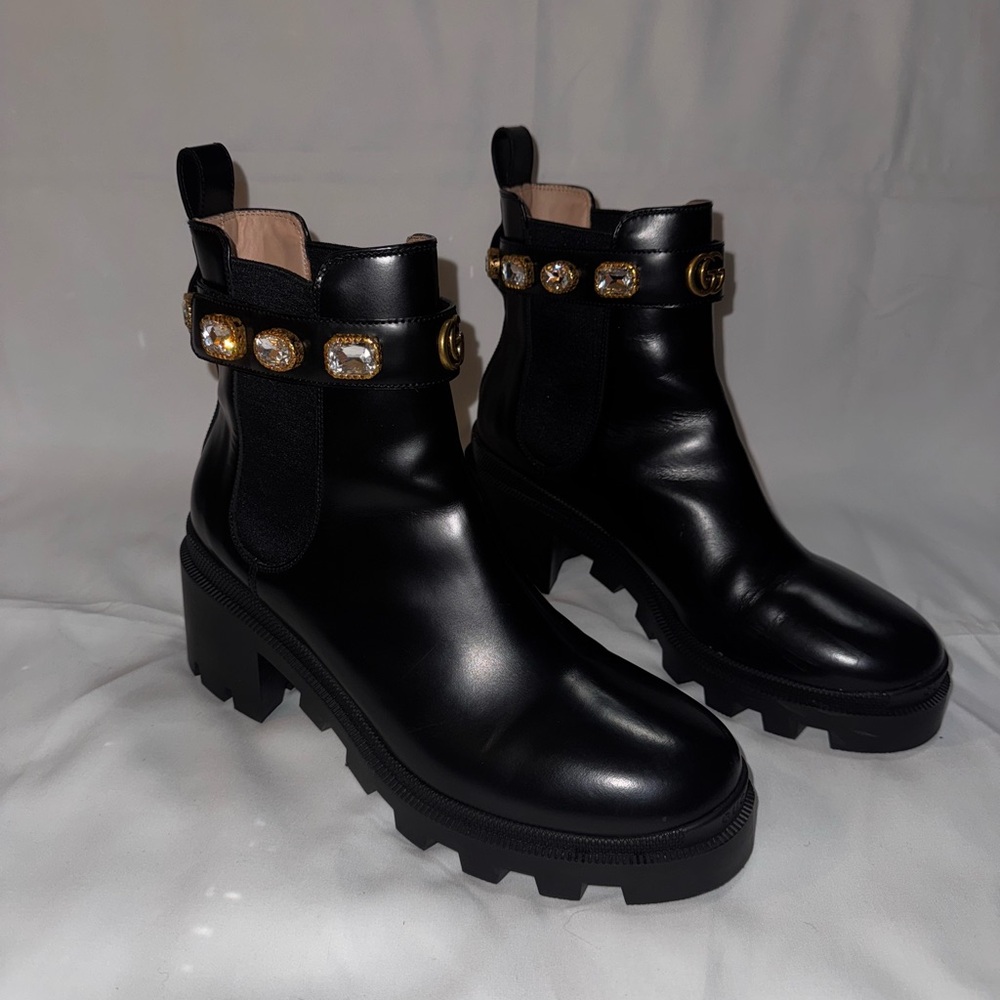 Gucci Calfskin Crystal GG Trip Chelsea Ankle Boots - Picture 2 of 10